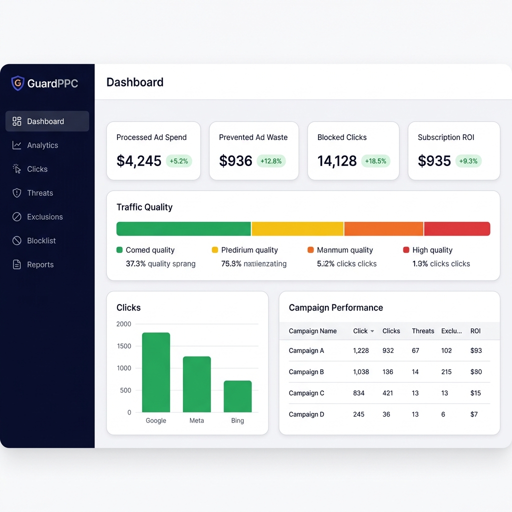 GuardPPC dashboard showing traffic quality, blocked clicks, and campaign performance